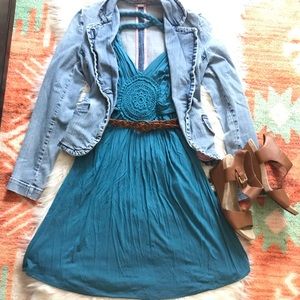 Blue boho summer beach dress with crotchet detail -Charlotte Russe size XS